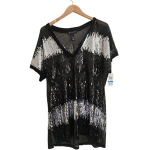INC International Concepts NWT Black Silver Sequin Sheer V-Neck Tunic Top, XL